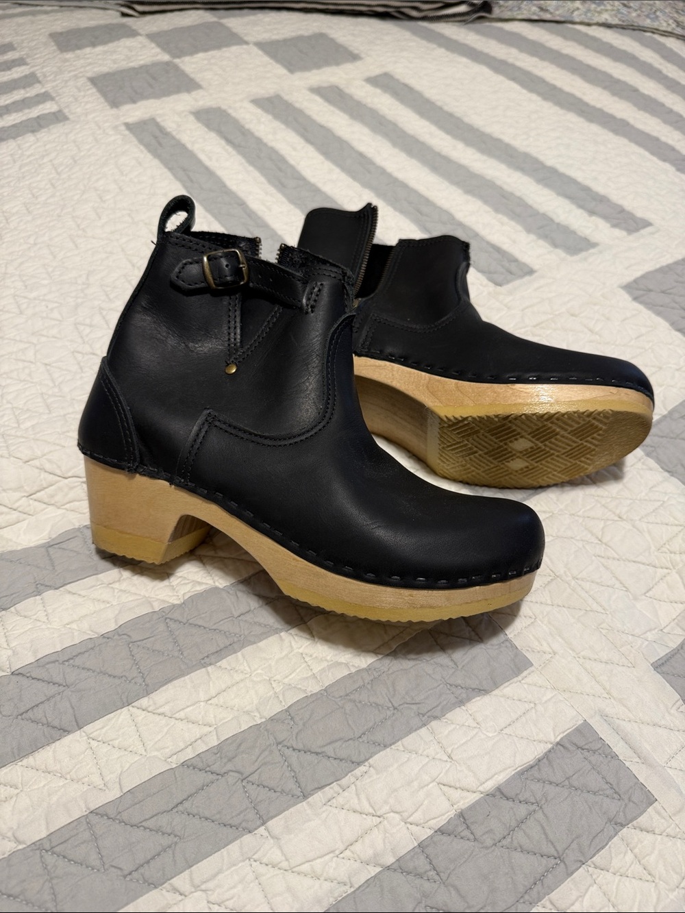 No. 6 Black Leather Clog Ankle Boots with Natural Wood Heel